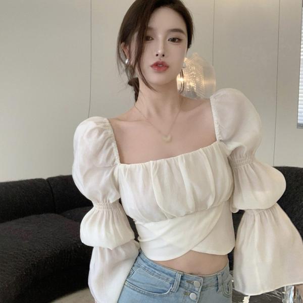 Y2k Summer Vintage Women Elegant Casual Blouses Long Sleeve Backless Bow Tops Korean Fashion Sweey Shirts Square Collar