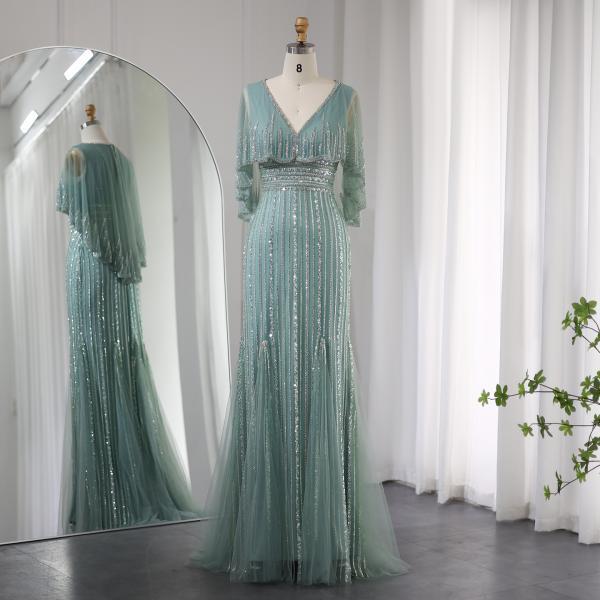 Dubai Luxury Sage Green Mermaid Evening Dresses with Cape V-Neck Arabic Elegant Women Wedding Party Gowns