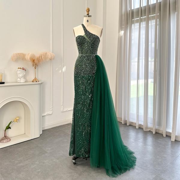 Emerald Green One Shoulder Evening Dresses with OVerskirt Side Slit Luxury Champagne Mermaid Prom Formal Gowns