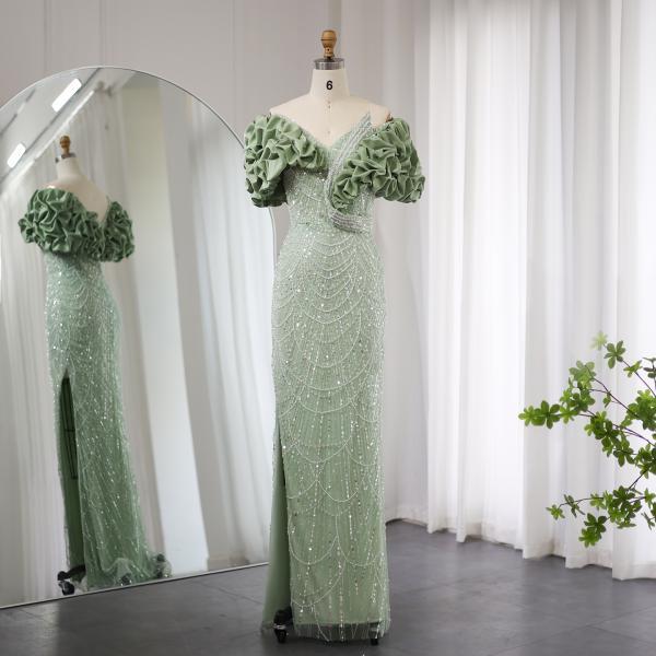 Elegant Off Shoulder Mermaid Sage Green Evening Dresses Luxury Dubai Women Arabic Champagne Wedding Party Gown