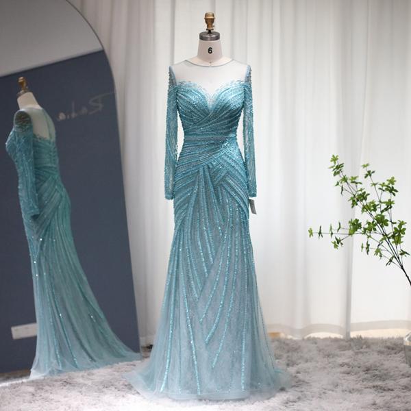  Luxury Dubai Blue Mermaid Evening Dresses for Women Wedding Elegant White Long Sleeve Formal Prom Gowns
