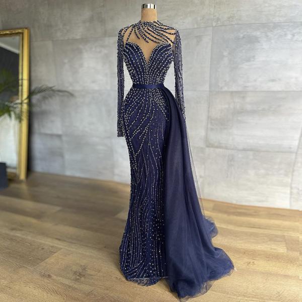 Luxury Navy Blue Mermaid Dubai Evening Dress with Detachable Skirt Long Sleeve Arabic Formal Gowns for Women Wedding Party