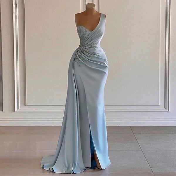 Luxury Evening Dress Long One Shoulder Light Sky Blue Satin Evening Gown for Women Beading Draped Slit Mermaid Party Dress