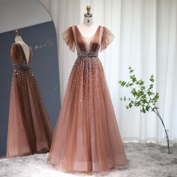 Sparkling Beaded Brown Luxury Dubai Evening Dresses for Women Wedding Elegant V-Neck Long Formal Party Gowns