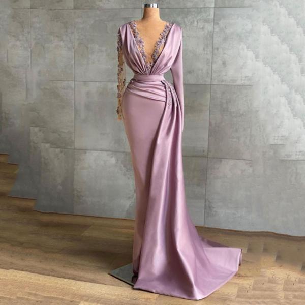Luxury Purple Mermaid Prom Dress V Neck Appliques Lace Long Sleeves Party Evening Gowns
