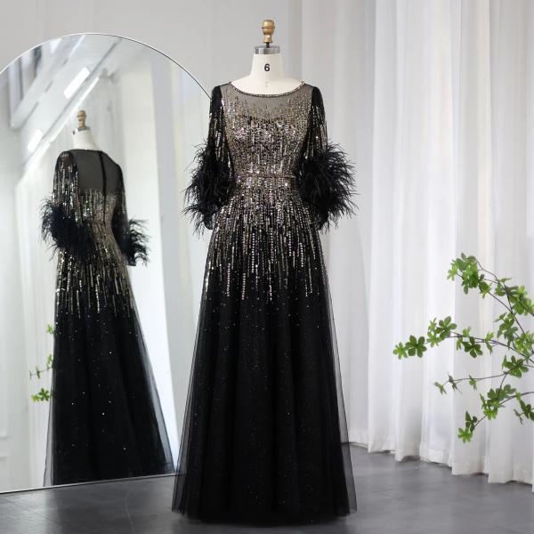 Luxury Feathers Black Dubai Evening Dresses for Women Elegant Fuchsia Arabic Half Sleeve Wedding Party Dress