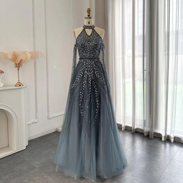 Luxury Dubai Blue Evening Dresses with Cape Sleeves Elegant Silver Gray Gold Women Wedding Party Gown In Stock