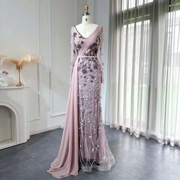 Luxury Dubai Pink Mermaid Evening Dresses with Overskirt Long Sleeves Elegant Plus Size Women Wedding Party 