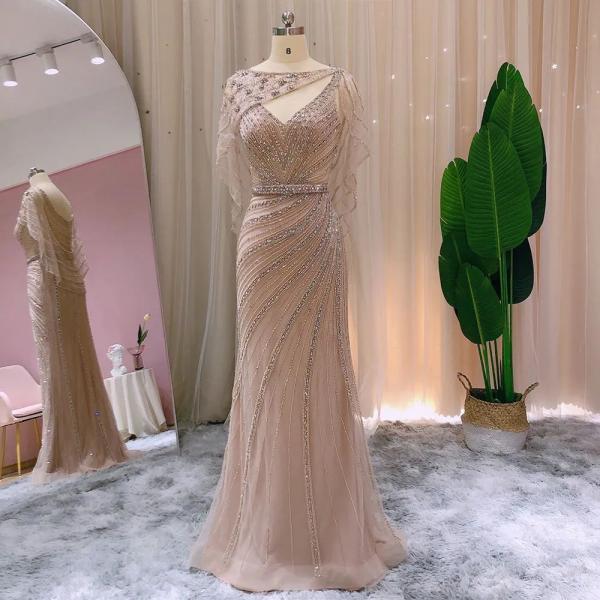 Arabic Champagne Dubai Mermaid Evening Dress with Cape Luxury Bead Formal Prom Dresses for Women Wedding Party