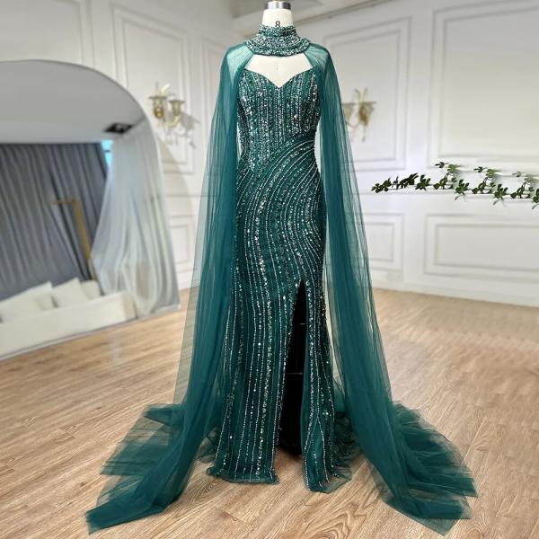 Green Mermaid Arabic Evening Dresses Gowns Split With Cape Sleeves Beaded For Women Wedding Party
