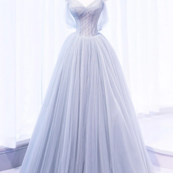 Sparkly Gray Blue Tulle A Line Off Shoulder Long Prom Dress, Evening Gown, PL567 main image 1