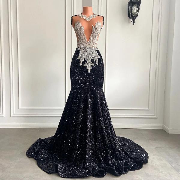 Long Black Prom Dresses Sexy Mermaid Style Luxury Sparkly Beaded Diamond Sequined African Girl Prom Gala Formal Gowns