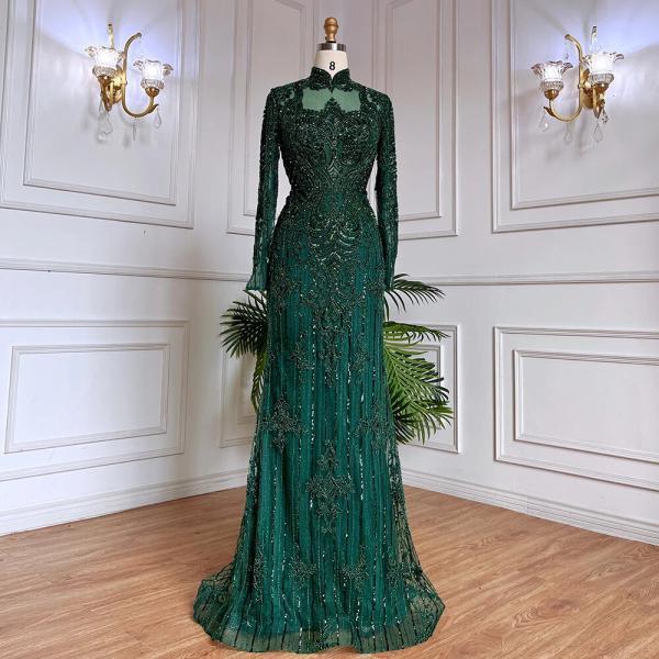 Dark Green Long Lace Sleeved Beaded Mermaid Evening Dress With Appliques