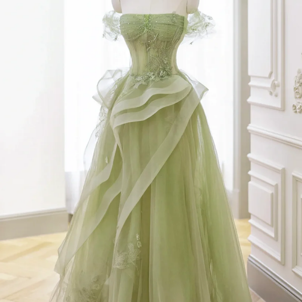 Green Tulle Lace Long Prom Dress with Corset, Green Formal Party Dress main image 1