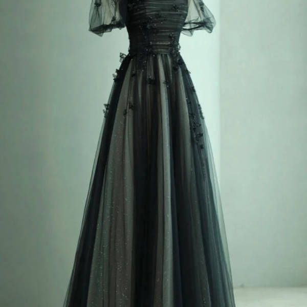 A Line Black Puff Sleeves Tulle Long Prom Dress, Black Formal Evening ...