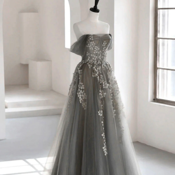 Gray Tulle Lace Long Prom Dress, A Line Off the Shoulder Evening Dress 