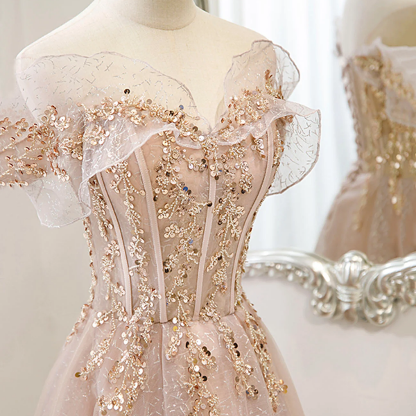 Pink Tulle Sequins Long Prom Dresses, A Line Off the Shoulder Evening Dresses 