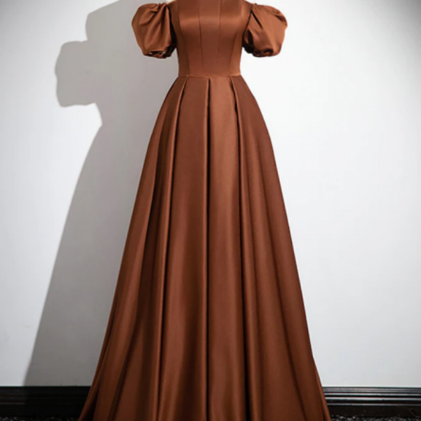 Brown A Line Satin Long Prom Dress, Brown Long Formal Dress