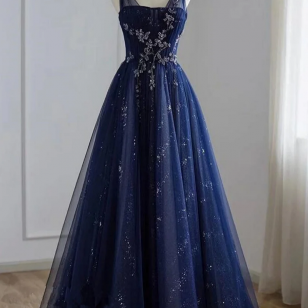 Navy Blue Shimmer Dress with Puff Sleeves & Tulle Hem