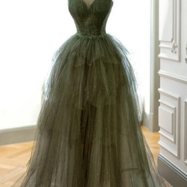 Long Tulle Dress with Beaded Straps Green Plus Size