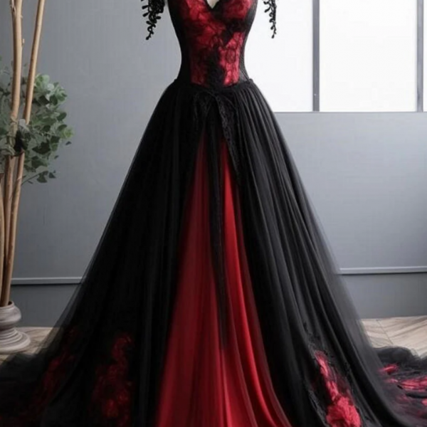 Black And Red Tulle Long Prom Dress, Black And Red Formal Gown on Luulla