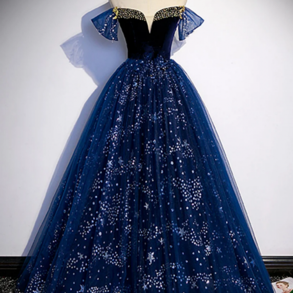 A Line Navy Blue Beading Tulle Formal Prom Dress main image 1