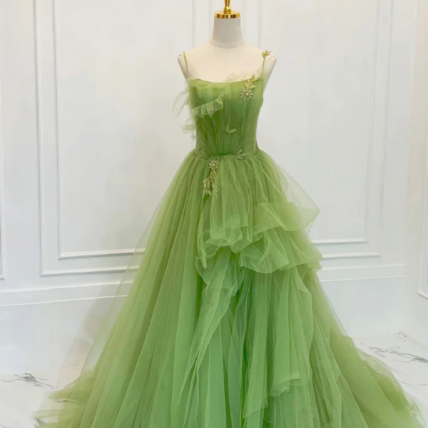 Niulatu Light Green Spaghetti Straps A-Line Tulle Long Prom Dresses Formal Evening Gowns HZ1103 main image 1