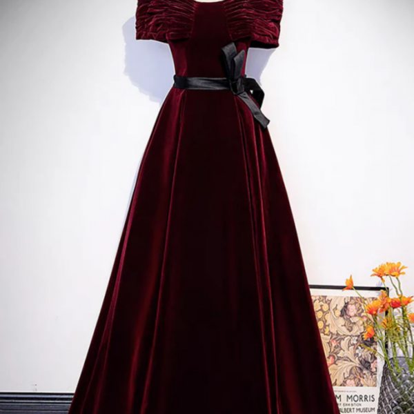 A Line Off Shoulder Velvet Burgundy Long Prom Dress, Burgundy Long Formal Dress 