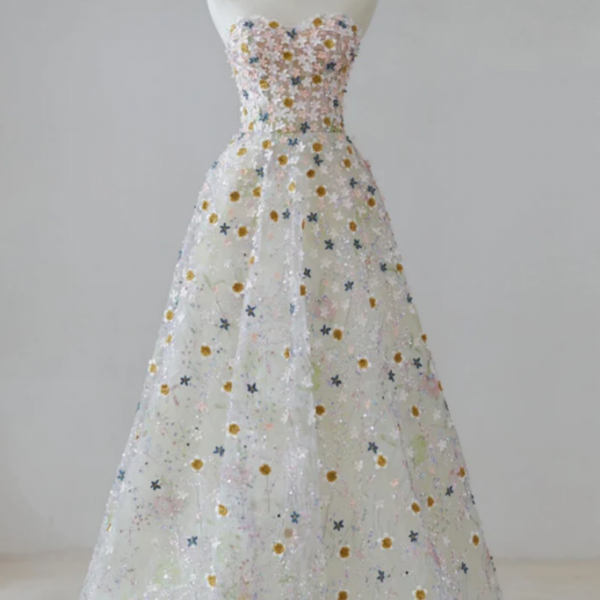 A Line Sweetheart Neck Tulle Lace Flower Long Prom Dress, Long Formal Dress 