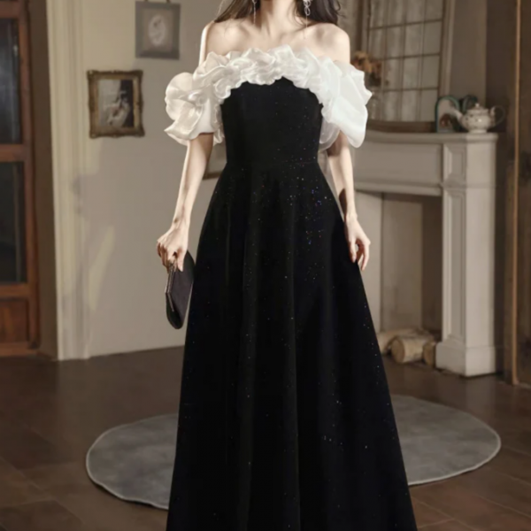 A Line Off Shoulder Velvet Black Long Prom Dress, Black Long Evening Dress