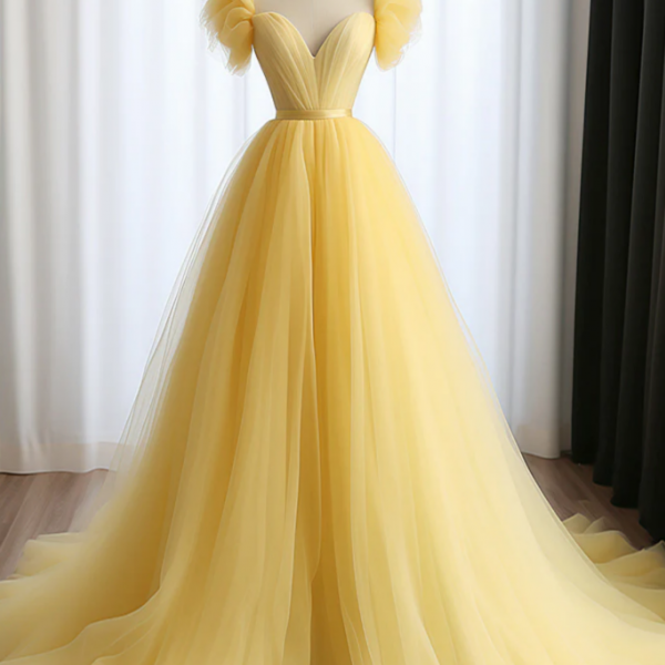 A Line Sweetheart Neck Tulle Yellow Long Prom Dress, Yellow Long Formal Dress 