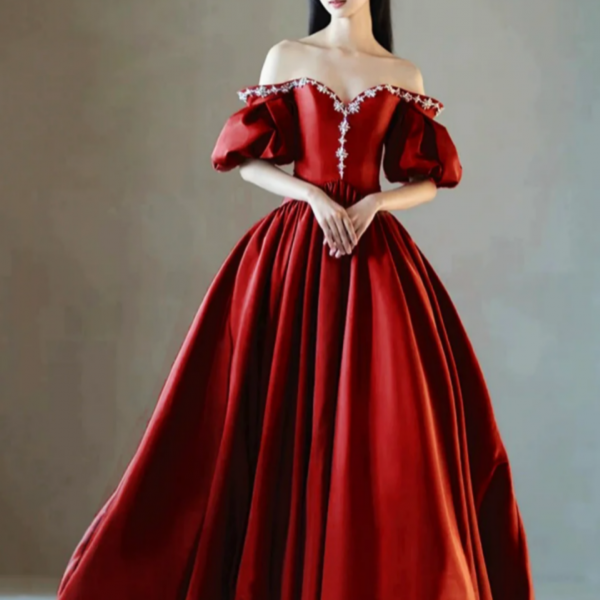 Burgundy Satin Rhinestone Floor Length Prom Dress, A Line Off The Shoulder Princess Party Dress
