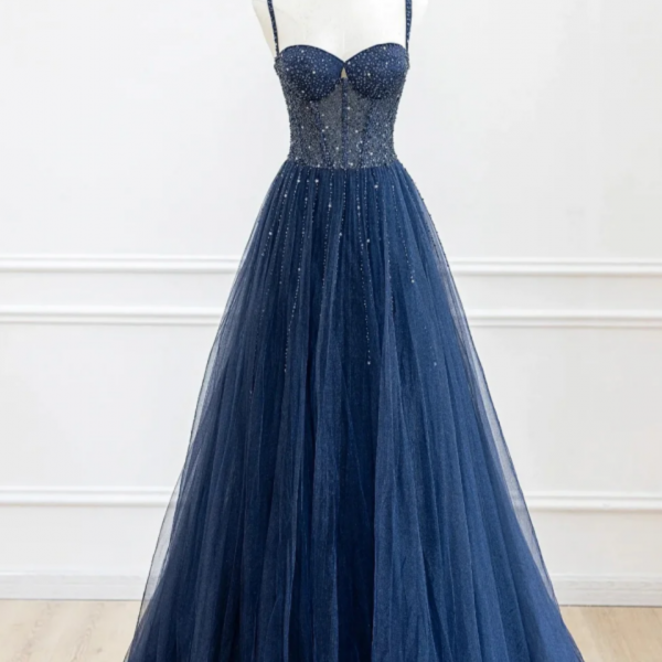Blue Spaghetti Strap Tulle Sequins Long Prom Dress, Beautiful A Line Evening Party Dress 