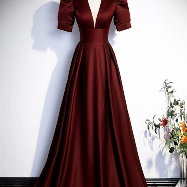 Burgundy V Neck Satin Long Prom Dress, Simple Short Sleeve Evening Party Dress 