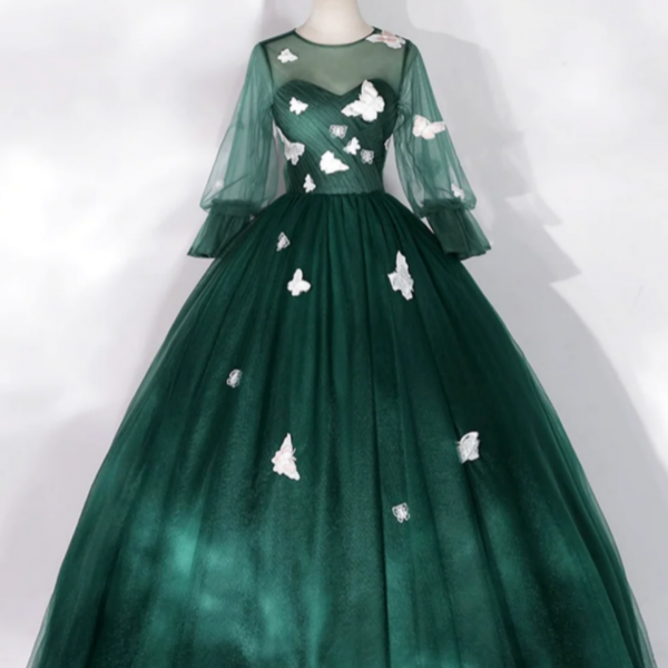 Dark Green Tulle Floor Length Prom Dress with Butterfly Appliques, A Line Long Sleeve Party Dress 