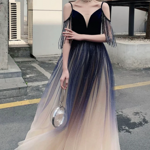 Blue Ombre Tulle V Neck Long Party Dress, A Line Prom Dress