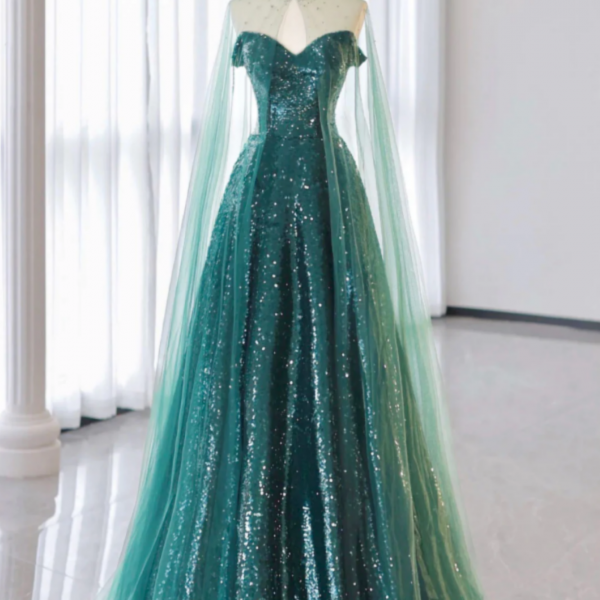 A Line Tulle Sequin Green Long Prom Dress, Green Formal Evening Dress 