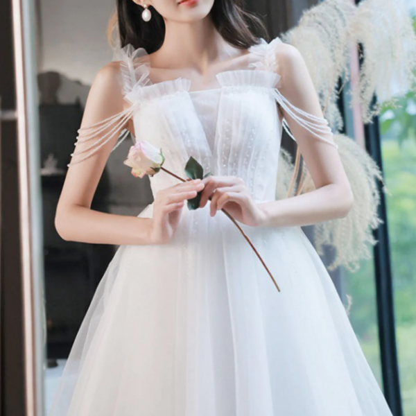 A Line Tulle Beads White Short Prom Dress, White Homecoming Dress