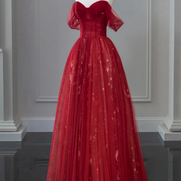 A Line Off Shoulder Tulle Lace Burgundy Long Prom Dress 