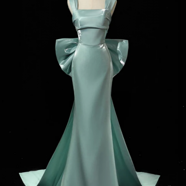 Simple Satin Green Long Prom Dress, Green Long Formal Dress with bow tie
