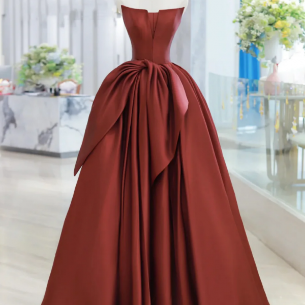 Burgundy Strapless Satin Long Prom Dress, Beautiful A Line Evening Party Dress 