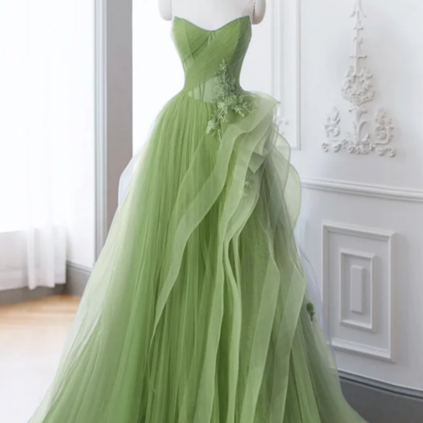 Green Lace and Tulle A-line Layers Long Prom Dress Party Dress, Green Evening Dresses