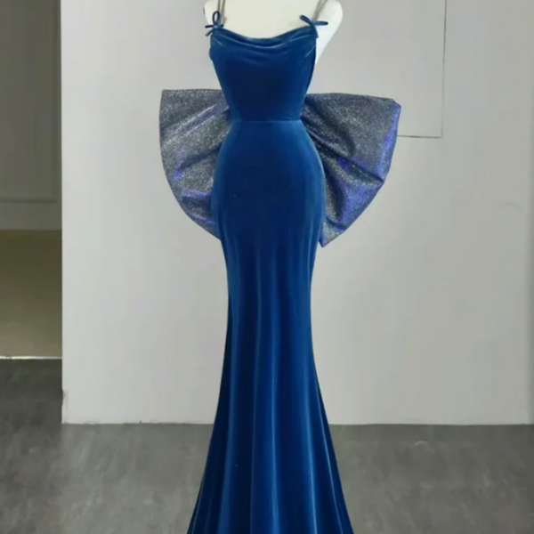 Simple Velvet Blue Mermaid Long Prom Dress, Backless Velvet Blue Evening Dress 