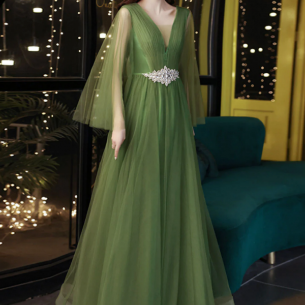 A Line V Neck Tulle Green Long Prom Dress, Green Formal Dress