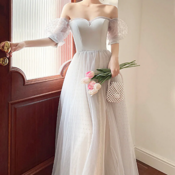 Gray Strapless Tulle Long Prom Dress, Lovely A Line Evening Dress