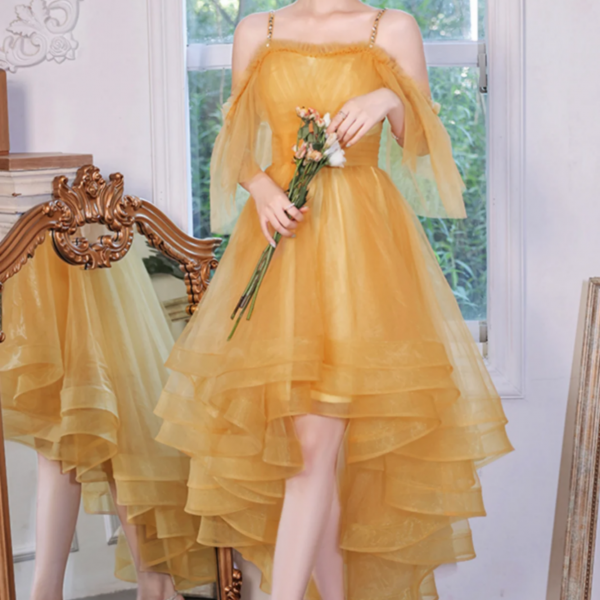 Yellow Tulle High Low Prom Dresses, A Line Evening Dresses