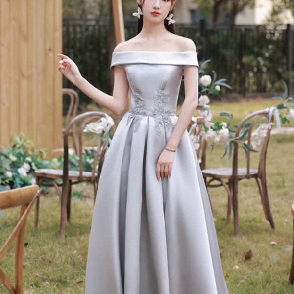 Gray Saitn Lace Long Prom Dress, A Line Evening Dress