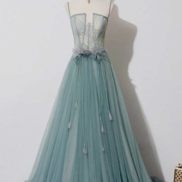 Green Lovely Tulle Straps Long A Line Prom Dresses, Green Evening Dresses 