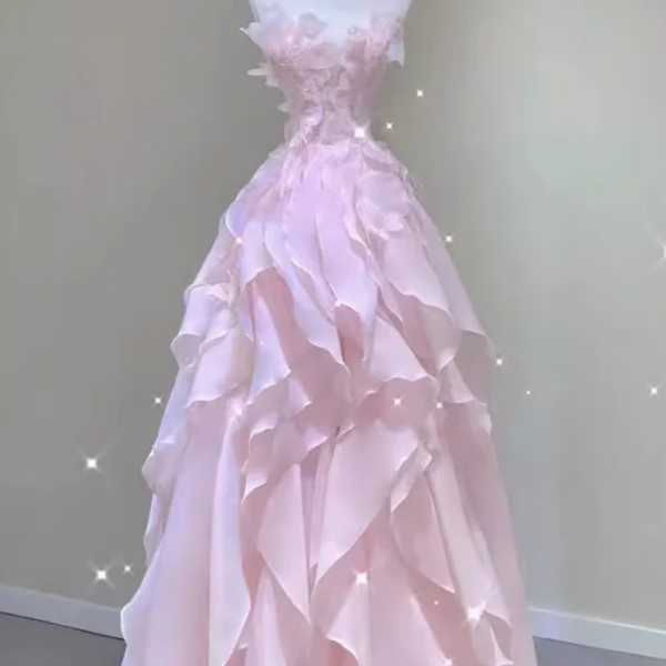 Princess Strapless Long Ball Gown Pink Ruffle Prom Dress, Organza Formal Gown