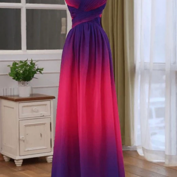 Beads Sweetheart Fuchsia Pink Ombre Chiffon Prom Dress, Long Formal Gown